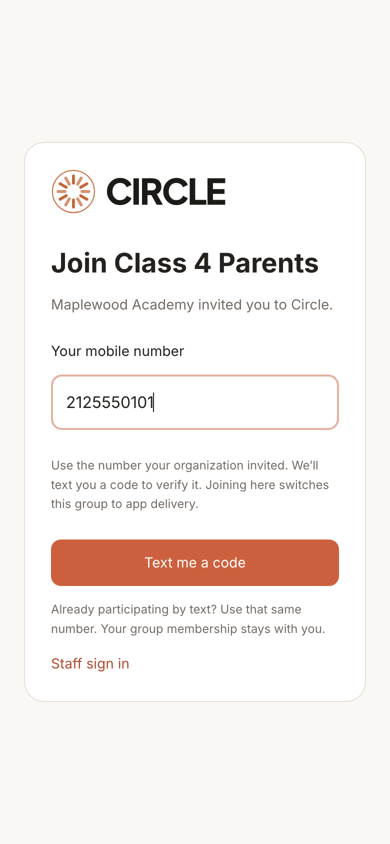 Circle invitation screen with organization name and mobile number entry
