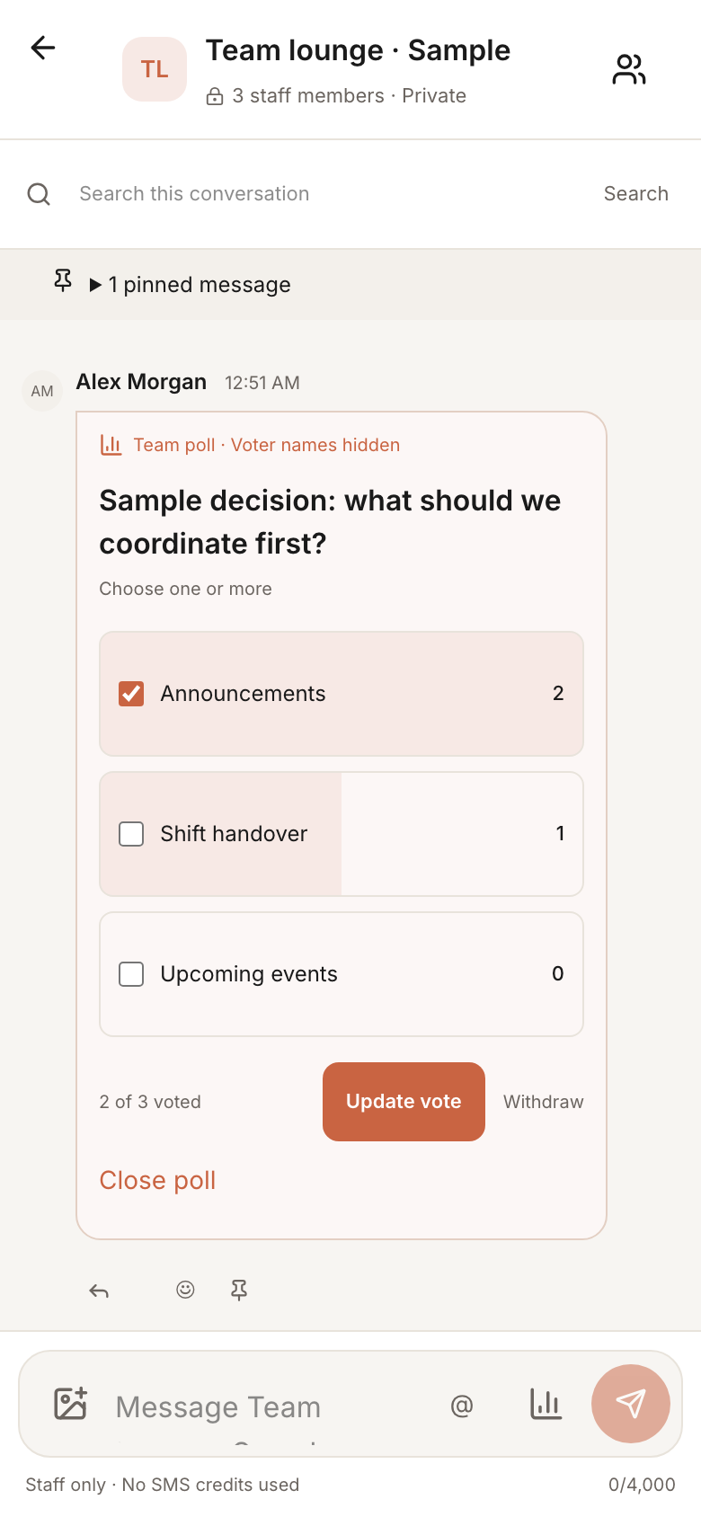 Private Circle staff conversation showing a poll about announcements, shift handover and events