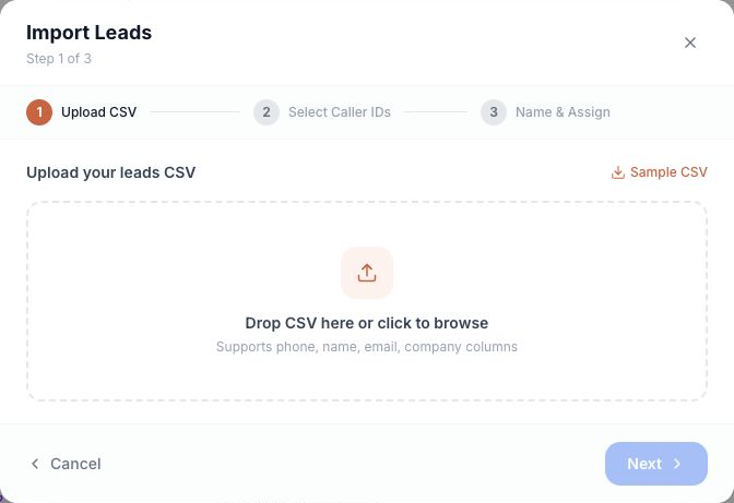 Real Fivra Import Leads dialog with Upload CSV, Select Caller IDs, and Name and Assign steps